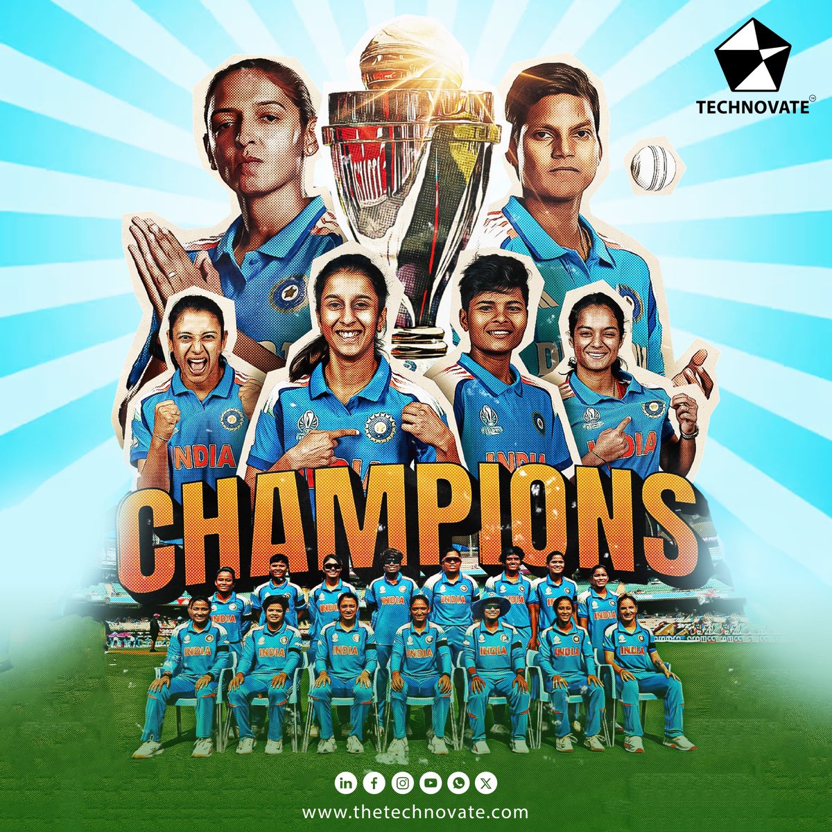 TTechnovate's tweet image. The Queens have conquered the world!🏆
Team India lifts the Women’s World Cup, rewriting history with every shot, smile, and spirit!💙

From every stadium roar to every proud tear, this win belongs to India.

#Technovate #WomensWorldCup #Champions #WomenInBlue #HerVictoryOurPride