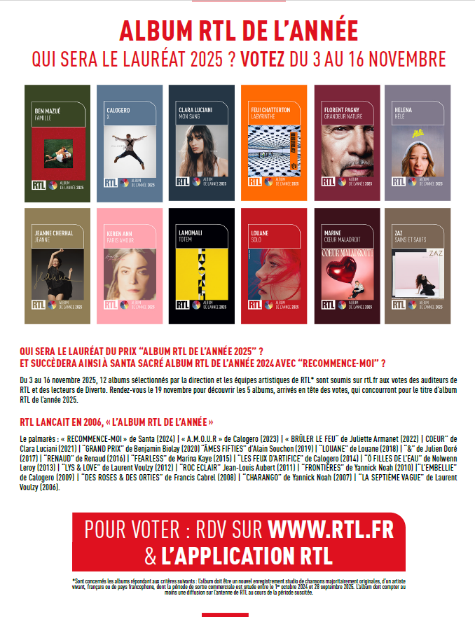 Les votes pour l'album <a href="/RTLFrance/">RTL France</a> de l'année sont ouverts ! rdv sur rtl.fr/jeux/album-rtl… #musique #AlbumRTL