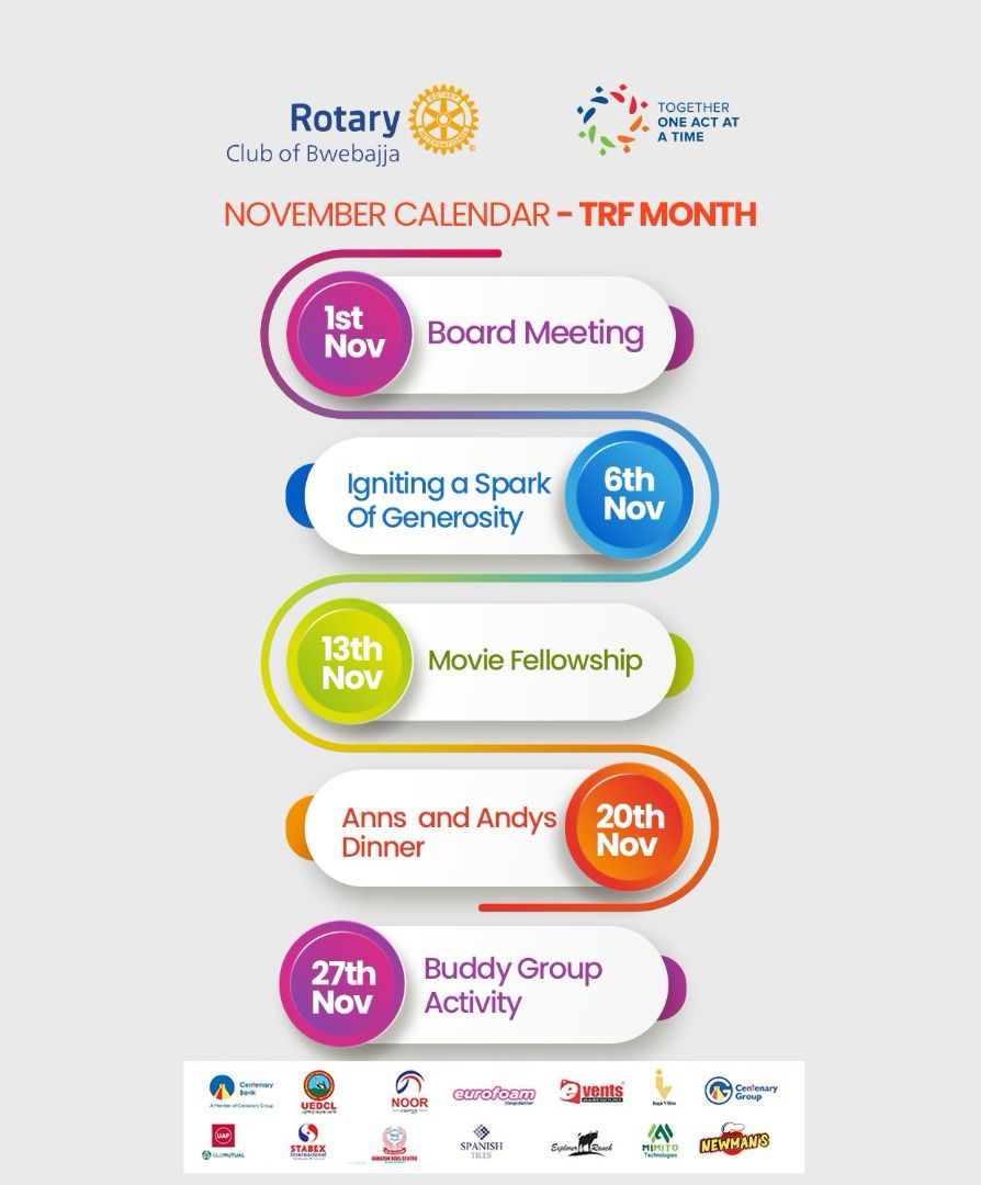 RcBwebajja's tweet image. Receive our November Calendar - The Rotary Foundation Month! 🌍💙
Let’s continue to do good in the world.

#WeAreBwebajja #RotaryFoundationMonth