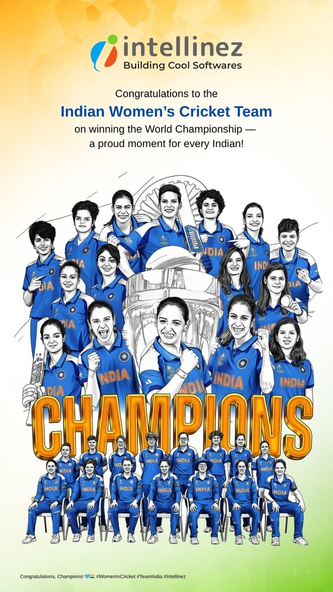 IntellinezSys's tweet image. 🏆 They did it!

Congratulations to Team India’s women’s squad for becoming 2025 World Champions!

You’ve paved the way, you’ve set the tone – and we’re all inspired.

#WomensCricket #CricketWorldCup2025 #TeamIndia #IntellinezSystems #WomeninCricket