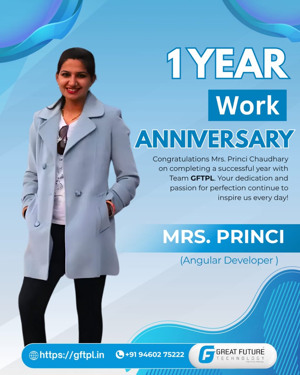 GreatFutureTech's tweet image. Celebrating a year of code and commitment!
Kudos to Mrs. Princi Chaudhary for completing her 1st work anniversary with GFTPL.
Here’s to many more milestones together!
#TeamGFTPL #WorkAnniversary #GrowthTogether #GFTPLTeam #technology