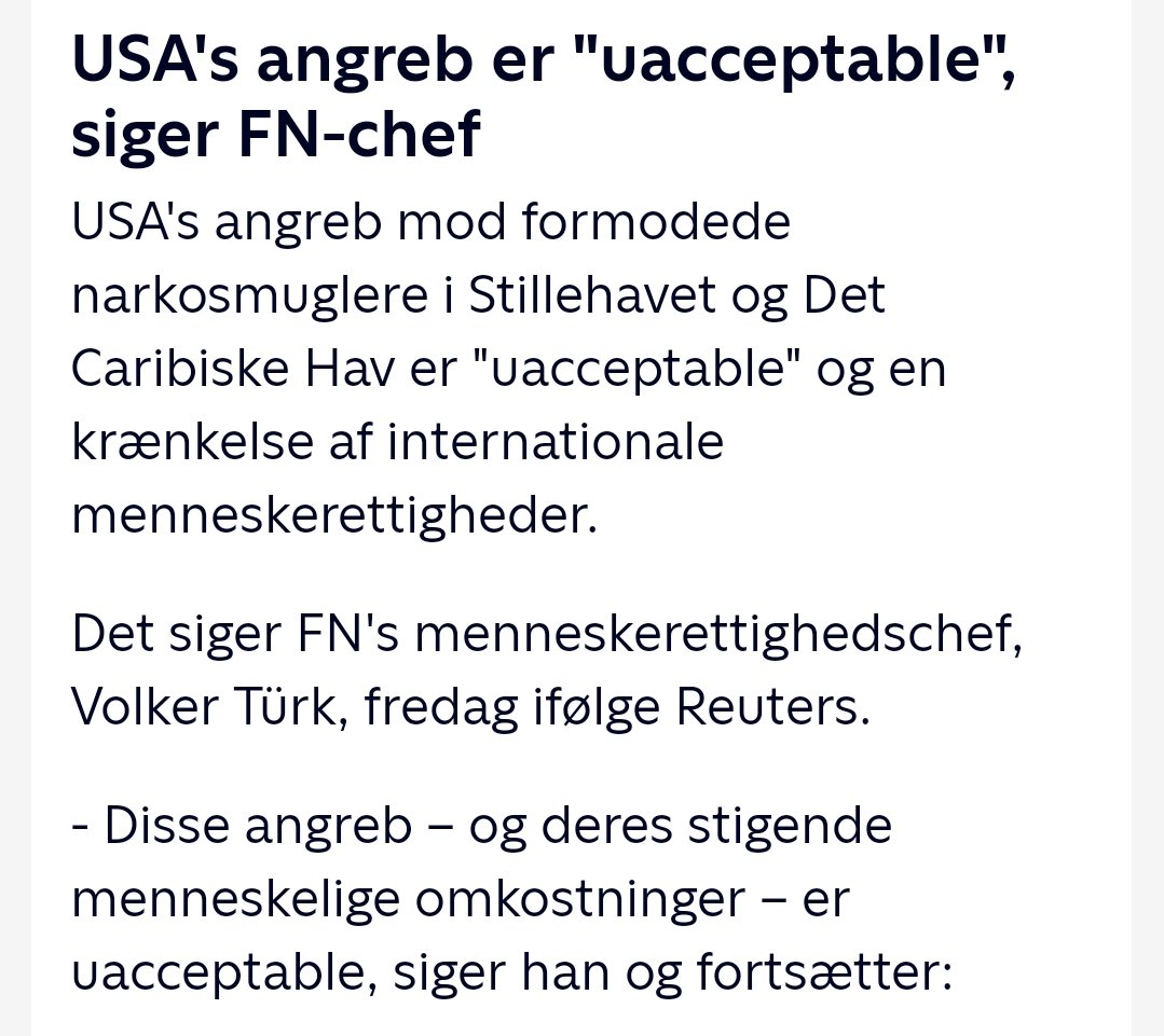 Ja, det er fuldstændig vanvittigt, at USA dræber folk på både uden rettergang og kalder dem narkosmuglere. Men Trump ved jo godt, at det ikke får konsekvenser, så han dræber bare løs. Det ender som undskyldning for at gå ind og vælte regeringen i Venezuela. #dkpol