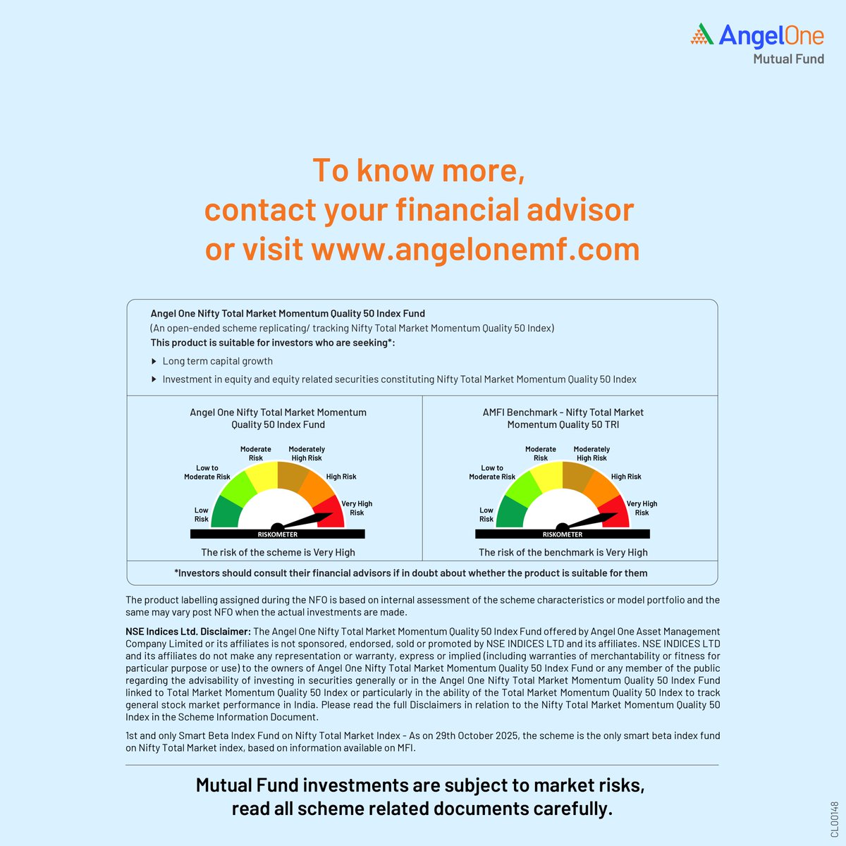 Choose a smarter way — combining speed &amp; steadiness. Invest in Angel One Nifty Total Market Momentum Quality 50 Index Fund. NFO Opens

To apply, click angelonemf.com/nfo/index-fund

Mutual fund investments are subject to market risks, read all scheme related documents carefully
#nfo