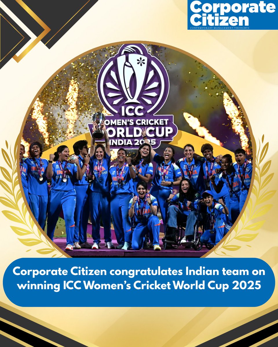 C_CMagazine's tweet photo. Champions of the world! 🇮🇳
Congrats to Team India for winning the ICC Women’s Cricket World Cup 2025!
A proud moment for every Indian. 
#WomensWorldCup2025 #TeamIndia #BleedBlue #CorporateCitizen https://t.co/be2iA4U504