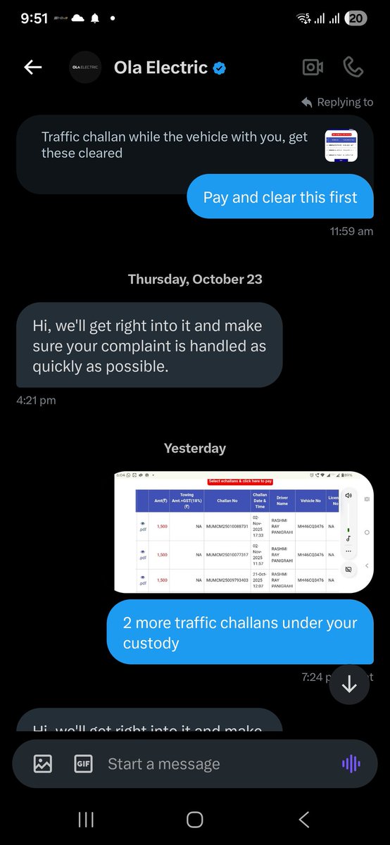 niladri_p's tweet photo. @OlaElectric @OlaElectric you cannt be this shameless, my scooter under your service since last 4 months has gathered 6 traffic challans as you have parked it on the road.  How much more you want to make ur customers suffer?@bhash @jagograhakjago https://t.co/4TUarHkl4n