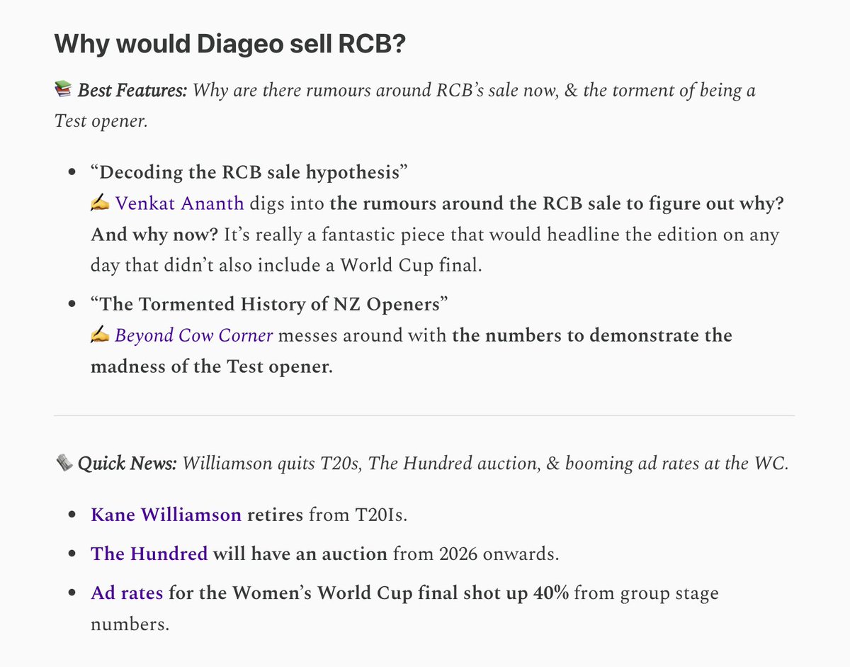 BEST #CRICKET STORIES &amp; NEWS:

<a href="/venkatananth/">Venkat Ananth</a> on the potential RCB sale, &amp; Beyond Cow Corner on being a Test opener.

Williamson quits T20s, The Hundred auction, &amp; booming ad rates at the WC.

All stories at bestofcricket.substack.com/p/roundup-cham…