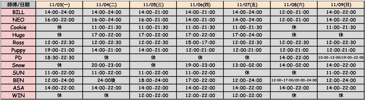 🐘ELEFANS SPA🐘
11/03～11/09師傅班表
官網➡️ elefansspa.com
官方LINE➡️ lin.ee/I4PsYes
#gayspa #massage #elefansspa