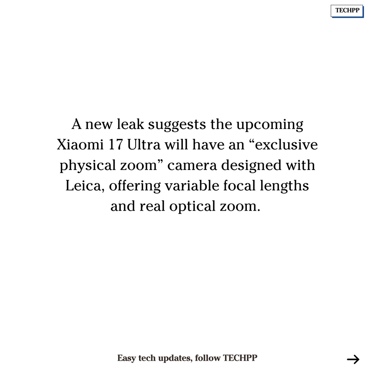 techpp's tweet image. Xiaomi 17 Ultra might feature ‘exclusive physical zoom’ Leica camera

#Xiaomi17Ultra #LeicaCamera #SmartphonePhotography #Android