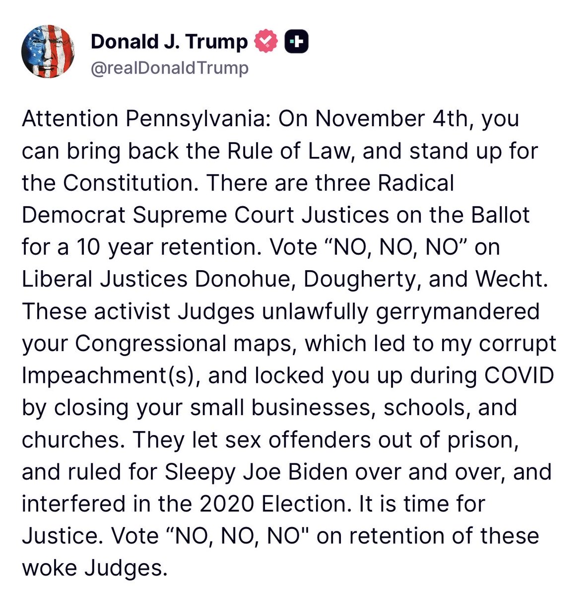 MAGAVoice's tweet image. BREAKING 🚨 President Trump has a message for EVERYBODY in Pennsylvania. “Vote no no no” on all three Liberal Judges

IT IS A MUST