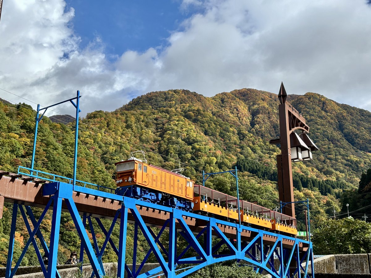 torokkodensya's tweet image. 黒部峡谷沿線では紅葉の見頃を迎えました🍁🎶
鮮やかに色付く手つかずの自然美をお楽しみくださ〜い😊

#黒部峡谷トロッコ電車