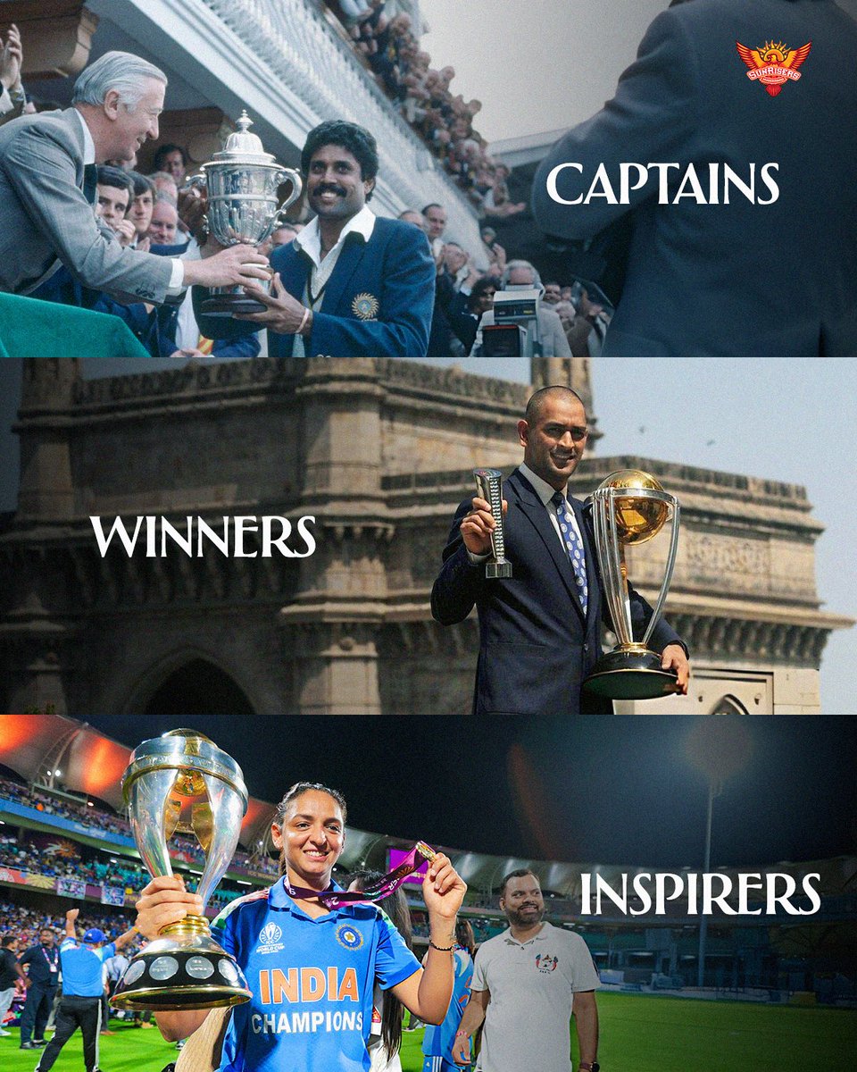 SunRisers's tweet image. Nation&apos;s finest ✨🇮🇳

📸: @BCCI 

Kapil Dev | MS Dhoni | Harmanpreet Kaur | #CWC25 | #INDvSA | #PlayWithFire