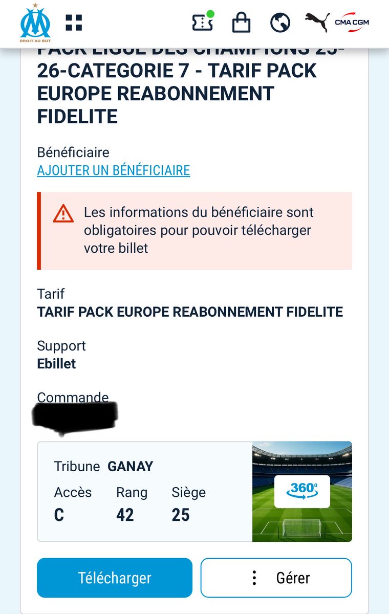 _M477's tweet image. Vends 3 places côte à côte pour #OMAtalanta :

🏟️ Tribune Ganay - Travée C - Rang 42 - Sièges 23, 24, 25

🎟️ e-billet à votre nom, envoi par e-mail ou SMS

💸 100€ la place (Wero) 

✅ Certifié @biloEntraide - Preuves de vente si besoin

💬 Si intéressé, venez DM

#TeamOM #OMATA