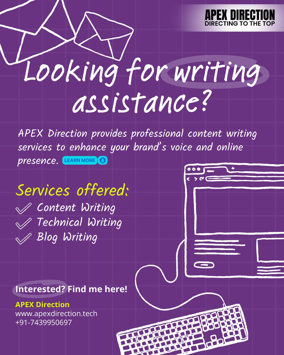 APEXdirection's tweet image. ✍️ Looking for writing assistance?
Your search ends here! 🚀

APEX Direction offers top-notch content writing to help your BRAND stand out and strengthen your online presence.

📩 Get in touch today!
🌐 apexdirection.tech
📞 +91-7439950697

#ContentWriting #BlogWriting