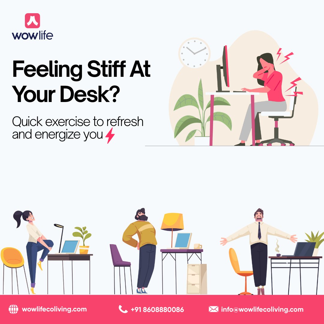 Been sitting all day? 🪑 A quick stretch can change your mood and your energy! 🌼

We care about how you feel, not just where you live.

📍 Discover the best coworking &amp; coliving spaces in Chennai.

📞 +91 63851 25430 | 🌐 wowlifecoliving.com

#wowlifecoliving #coworking