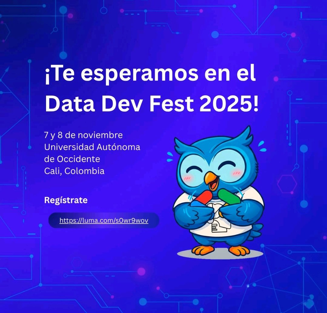UnAndroidMas's tweet image. Te esperamos en el Data Dev Fest 2025 que se realizará en Cali en la Universidad Autónoma de Occidente los días 7 y 8 de Noviembre. Para registrarse sigan el link de la imagen. Invita @GDGCali #python #ai #InteligenciaArtificial #artificial_intelligence #cali_co