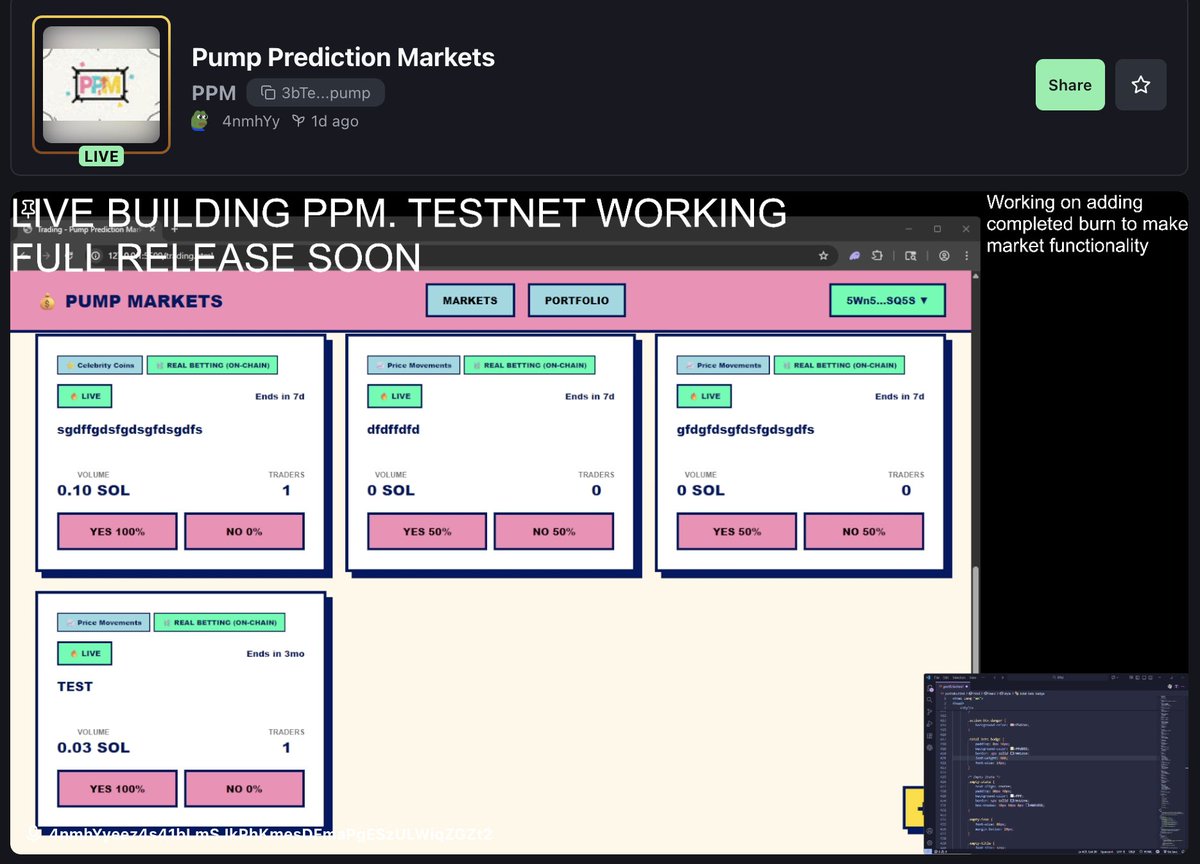 SmokezXBT's tweet photo. Gambled $PPM @ 100K

Dev is Live on PF showcasing @pumpdotfun prediction market platform. Tek seems decent.

3bTeQUrWWQhmbxM3guKd5Z1ScDyyKeDxeHRxfv27pump https://t.co/53HAGsjDhV