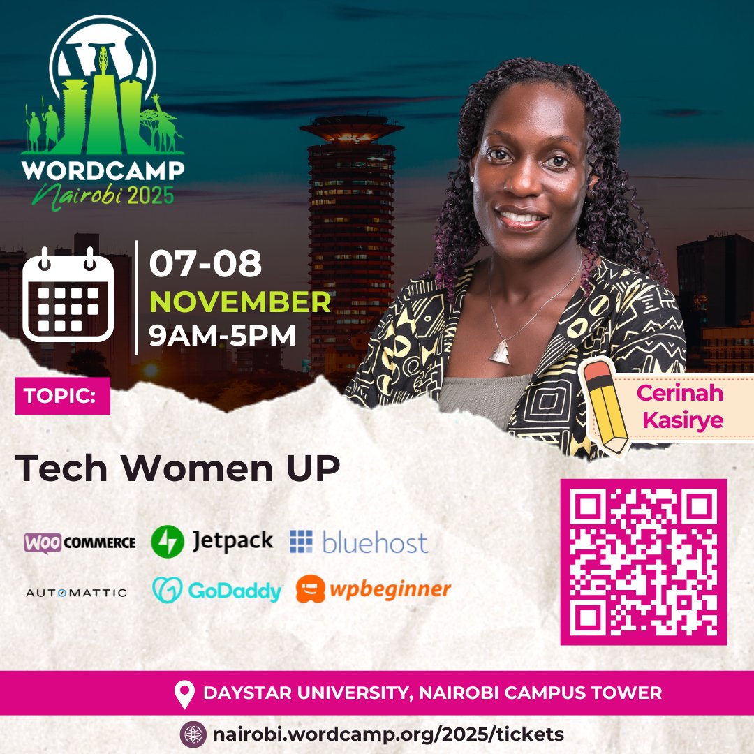 WordPress_Kenya's tweet image. Hear a powerful voice for change! Cerinah Kasirye is speaking at #WCNairobi2025 on an inspiring talk dedicated to empowering women with tech skills, leading to a more fulfilling &amp;amp; independent life. Join us on November 7-8

GRAB YOUR TICKETS HERE: tickets.wpkenya.org

#WCNBO25