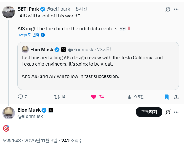 danmusk4680's tweet image. 와우 ㄷㄷ

1. 일론 : &quot;AI8 will be out of this world.&quot;

2. @seti_park 님 : 일론의 AI8 코멘트가 &apos;저세상 성능(out of this world)&apos;이라 뜻을 넘어 말 그대로 &apos;지구 밖의 우주 궤도 데이터센터에 사용될것&apos;이라 코멘트

3. 일론 : 이에 대해 맞다고 답

AI8 쯤 되면 우주 데이터센터를 가동할…