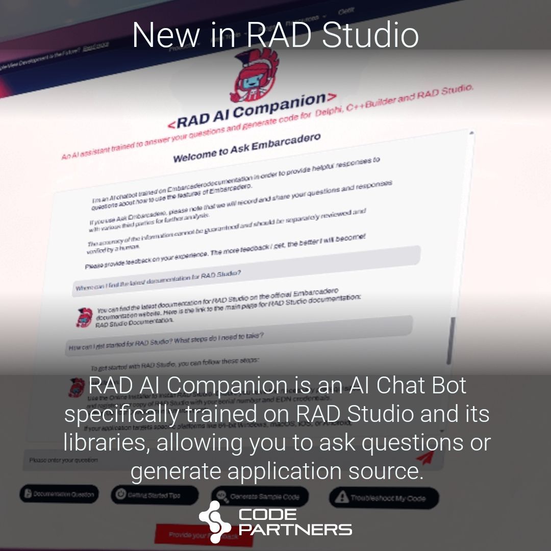 code_partners's tweet image. RAD Studio 13 : RAD AI Companion

RAD Studio 13 introduces a new, standalone AI Chat Bot trained on RAD Studio documentation and books. Find out more. 

code-partners.com/goto/?topic=ra…

#radstudio #embarcadero #delphi