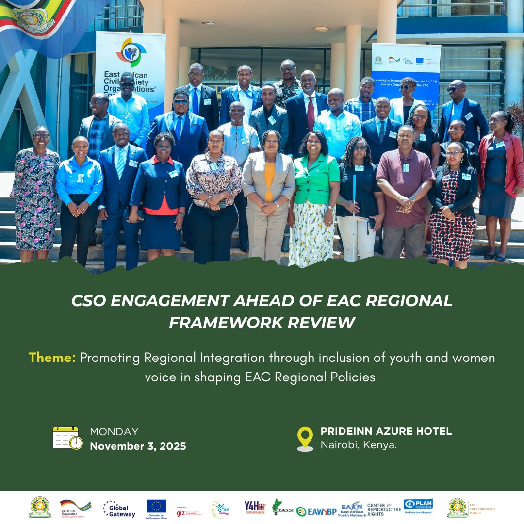 The <a href="/EAC_yap/">EAC Youth Ambassadors Platform</a>  will be joining the CSO Leaders for Pre-Expert Dialogue on Youth Policy, Gender Strategic Plan &amp; Women in Business Strategy on Promoting Regional Integration through Youth &amp; Women’s Voices

📅 Monday, Nov 3, 2025