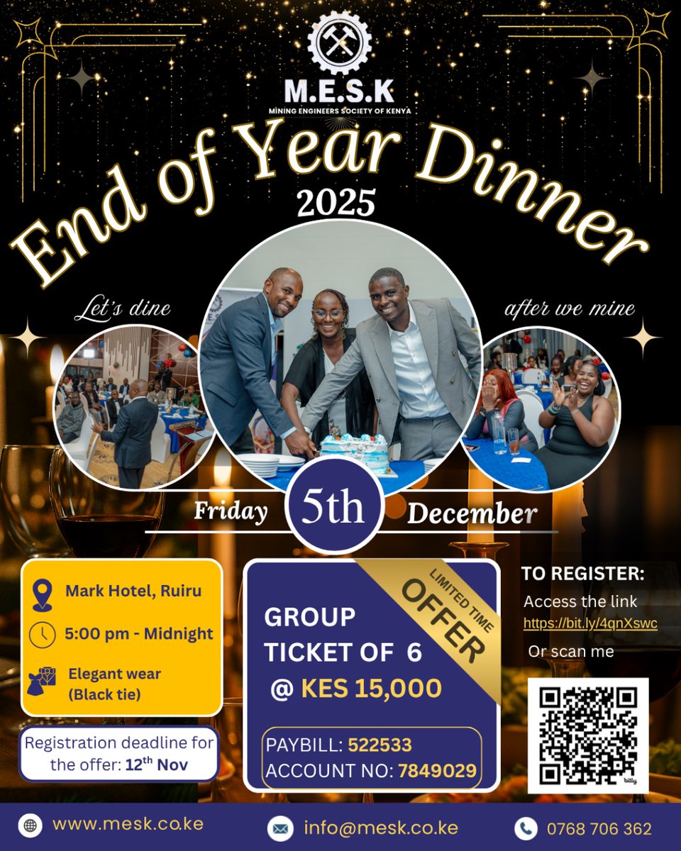 mining_MESK's tweet image. Helmets off, vibes on! 🎉
Join us on Dec 5th at Mark Hotel, Ruiru for the MESK End-of-Year Dinner 2025!
Because the best moments come #DineAfterWeMine💥  
Register now 👉 bit.ly/4qnXswc  

#MESK2025 #MiningEngineers #YearEndCelebration
