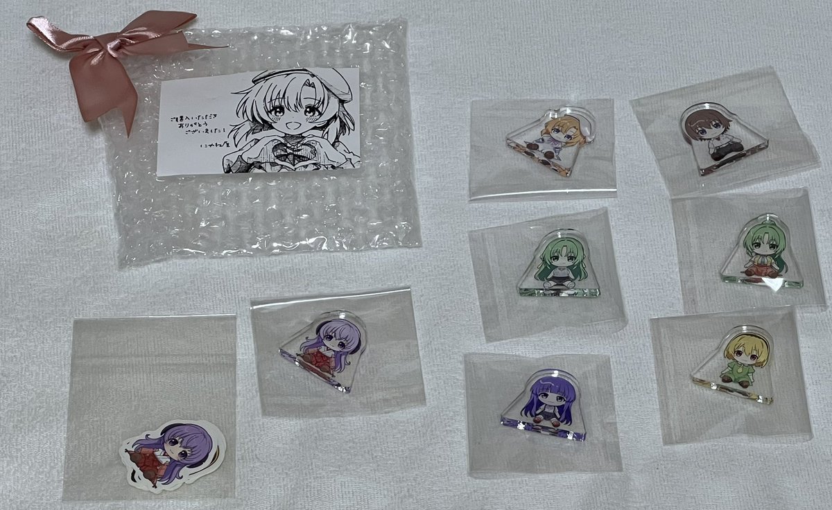 通販で購入した
にやね(<a href="/niyane/">にやね</a> )様のレナのアクキーと梨花のアクキーとアクリルフィギュア全種無事届きました
ステッカーも可愛いですありがとうございます🥰