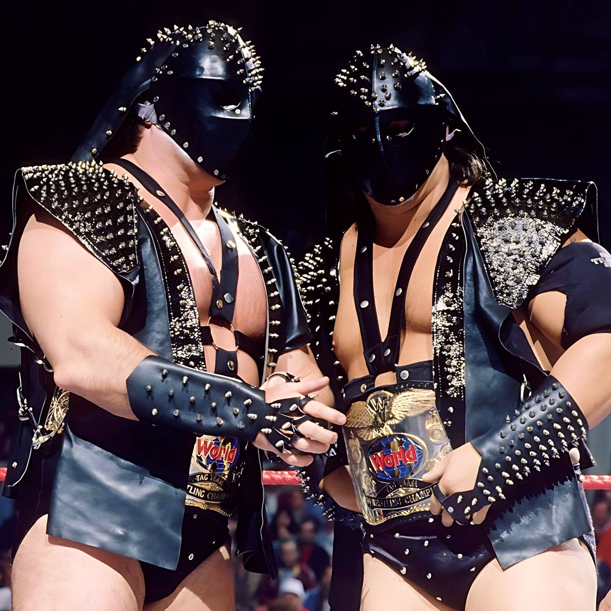"From Parts Unknown... at a total combined weight of 593lbs... the World Wrestling Federation Tag Team Champions... Ax... Smash... Demolition!!" #WWF #WWE #Ax #Smash #Demolition