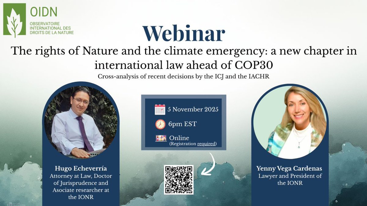 Register Now! 

What are the legal implications of the recent ICJ and IACHR advisory opinions on the Rights of Nature and State responsibility?

Join OIDN (Observatoire international des droits de la Nature) for an essential webinar exploring a new chapter in international law