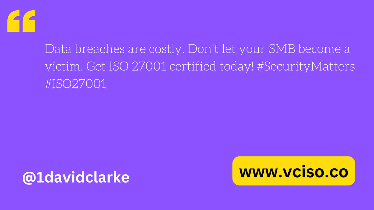 1DavidClarke's tweet image. Data breaches are costly. Don&apos;t let your SMB become a victim. Get ISO 27001 certified today! #SecurityMatters #ISO27001
vciso.co