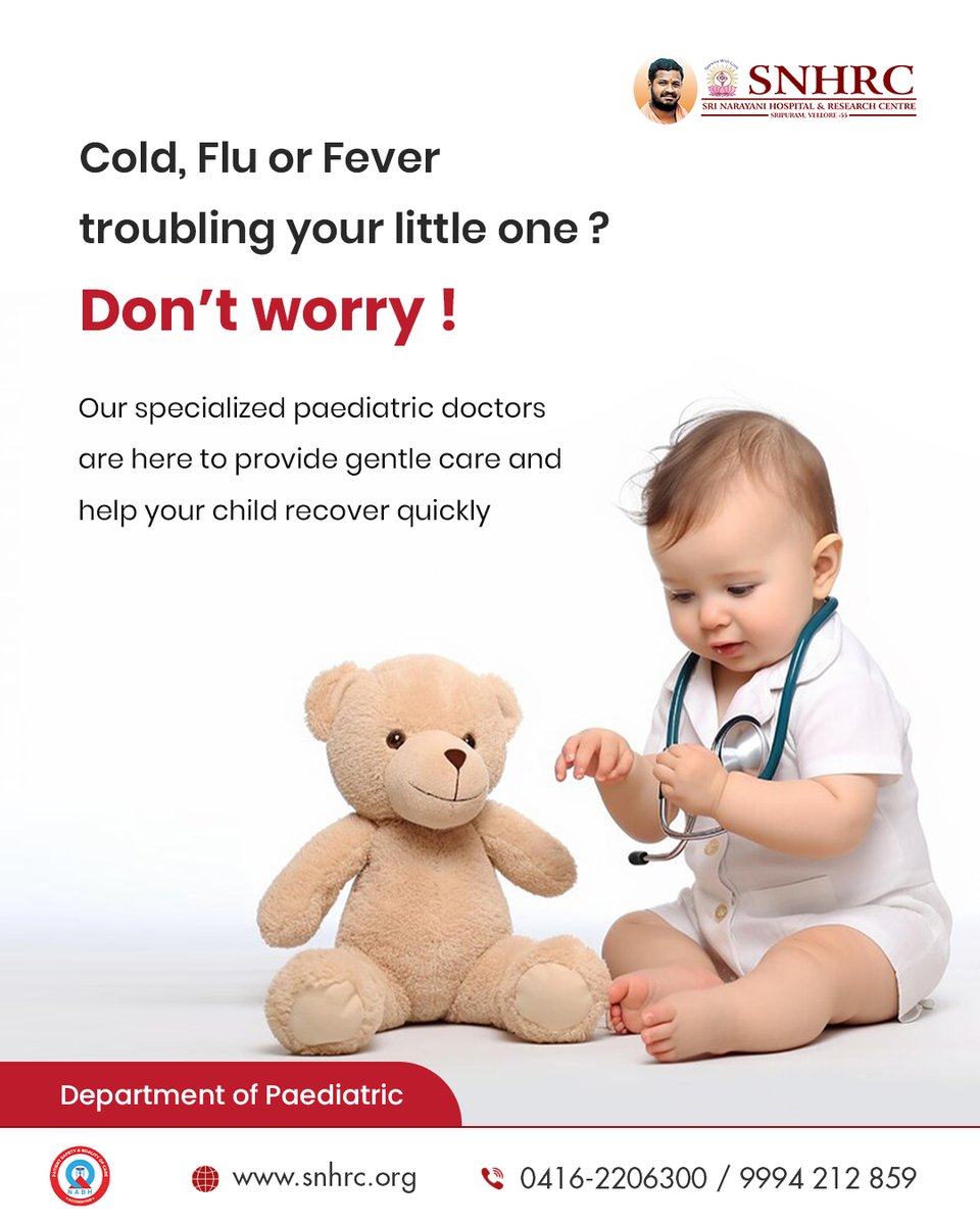 snhrc_vellore's tweet image. Is your little one down with a cold, flu, or fever? 🤒
Don’t worry! 💫 Our specialized paediatric doctors at Sri Narayani Hospital &amp;amp; Research Centre provide gentle, expert care to help your child recover quickly. 💖
#ChildHealth #Paediatrics #SNHRC #Healthcare #Vellore