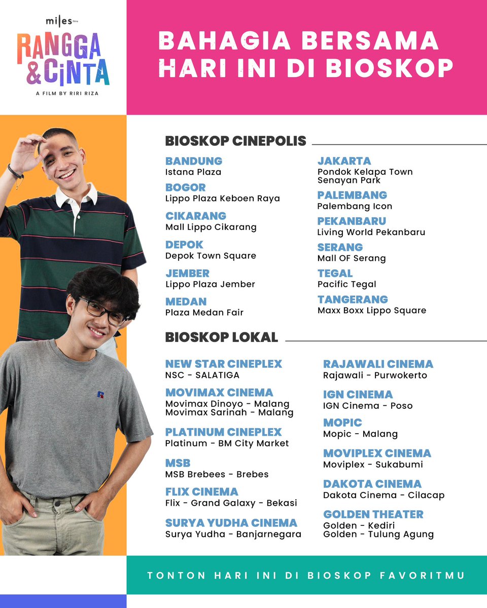 filmranggacinta's tweet image. SEDANG TAYANG DI BIOSKOP.
Film Rangga &amp;amp; Cinta
A film by Riri Riza
The Rebirth of Ada Apa dengan Cinta?

(2/2)

#FilmRanggaCinta #AdaApaDenganCinta #AADC