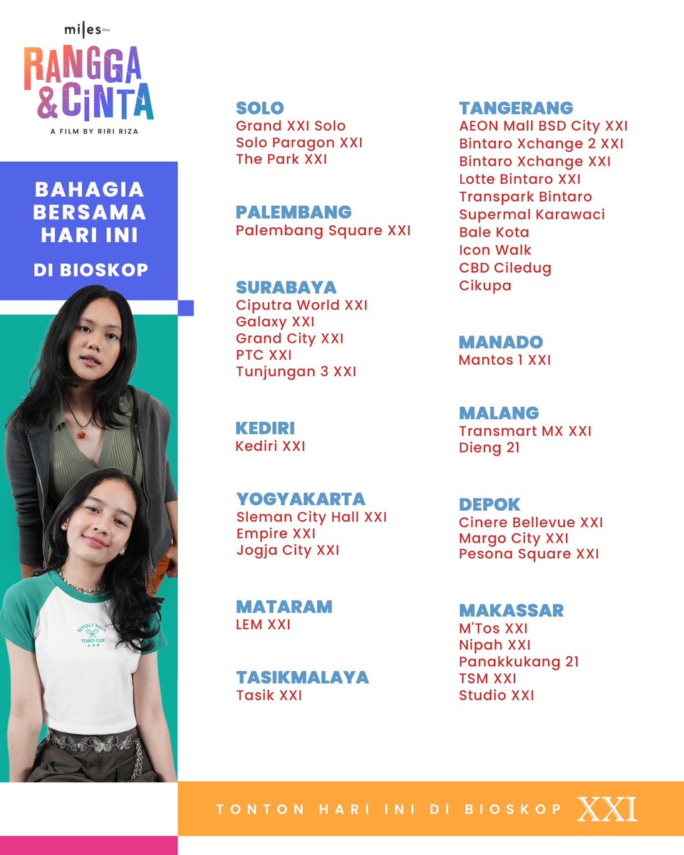 filmranggacinta's tweet image. SEDANG TAYANG DI BIOSKOP.
Film Rangga &amp;amp; Cinta
A film by Riri Riza
The Rebirth of Ada Apa dengan Cinta?

(2/2)

#FilmRanggaCinta #AdaApaDenganCinta #AADC