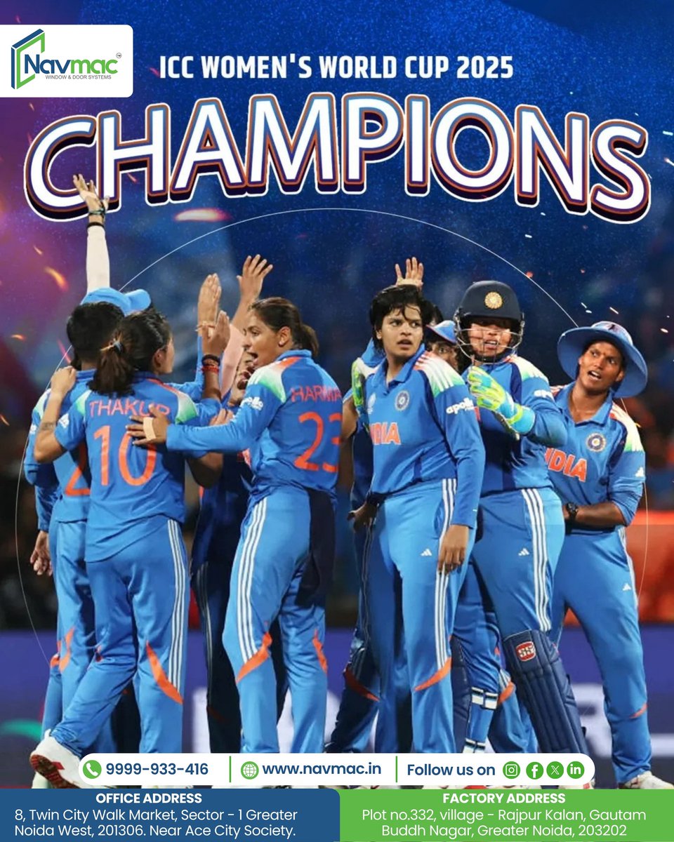 NAVMAC_Doors's tweet image. History created, glory earned! 🏆✨

Congratulations to Team India for bringing home the ICC Women’s World Cup 2025! 🇮🇳💙

📱 Get in touch with us at +91 9999-933-416 or DM us to install your set of windows and doors!
#indiancriketteam #navmacWindows #womeninblue #victory