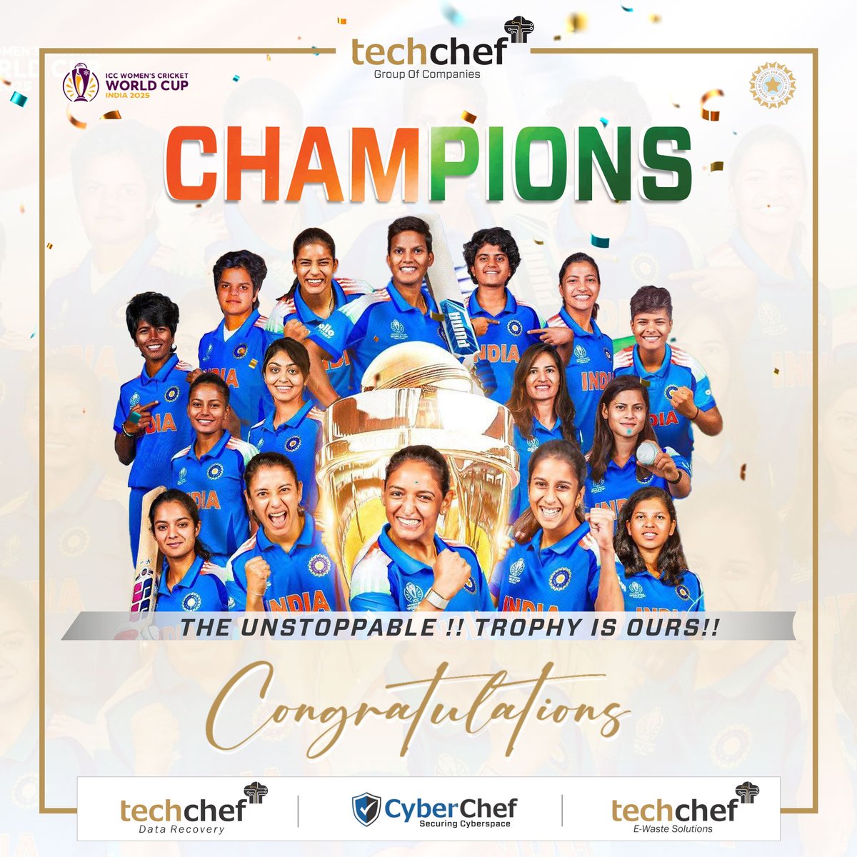 asktechchef's tweet image. Proud moment for every Indian! 🇮🇳✨ Techchef celebrates the spirit, strength, and triumph of our Indian Women’s Cricket Team for creating history! 🏆💪🌟

#WomenCricket #IndianWomenPower #TechchefGroup #ProudIndia #CricketChampions #India