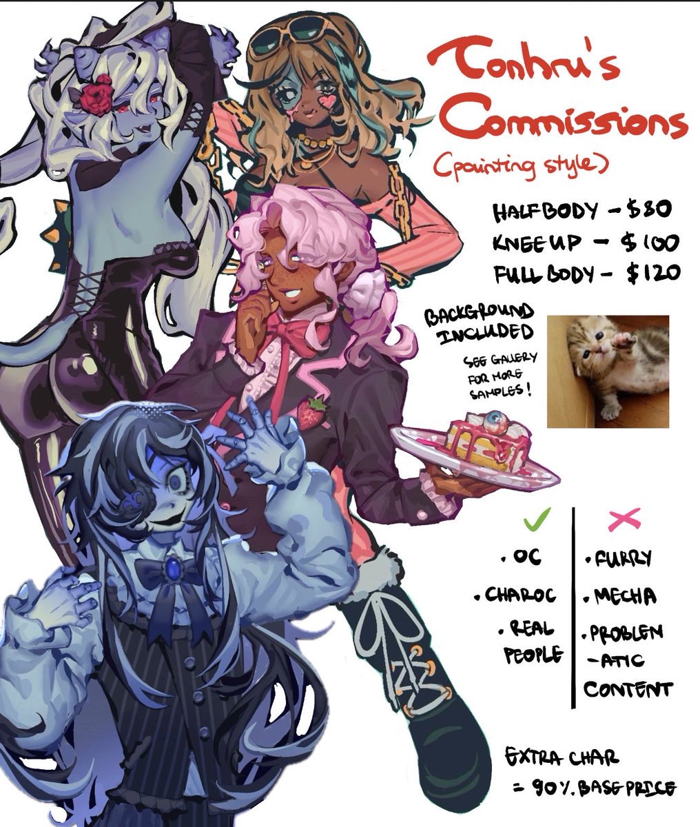 Hi guys c0mmissions are reopened in this style, 5 slots available ! Work duration is &lt;3weeks. Venmo, zelle, paypal accepted. TOS in the replies. Thank you for your interest!