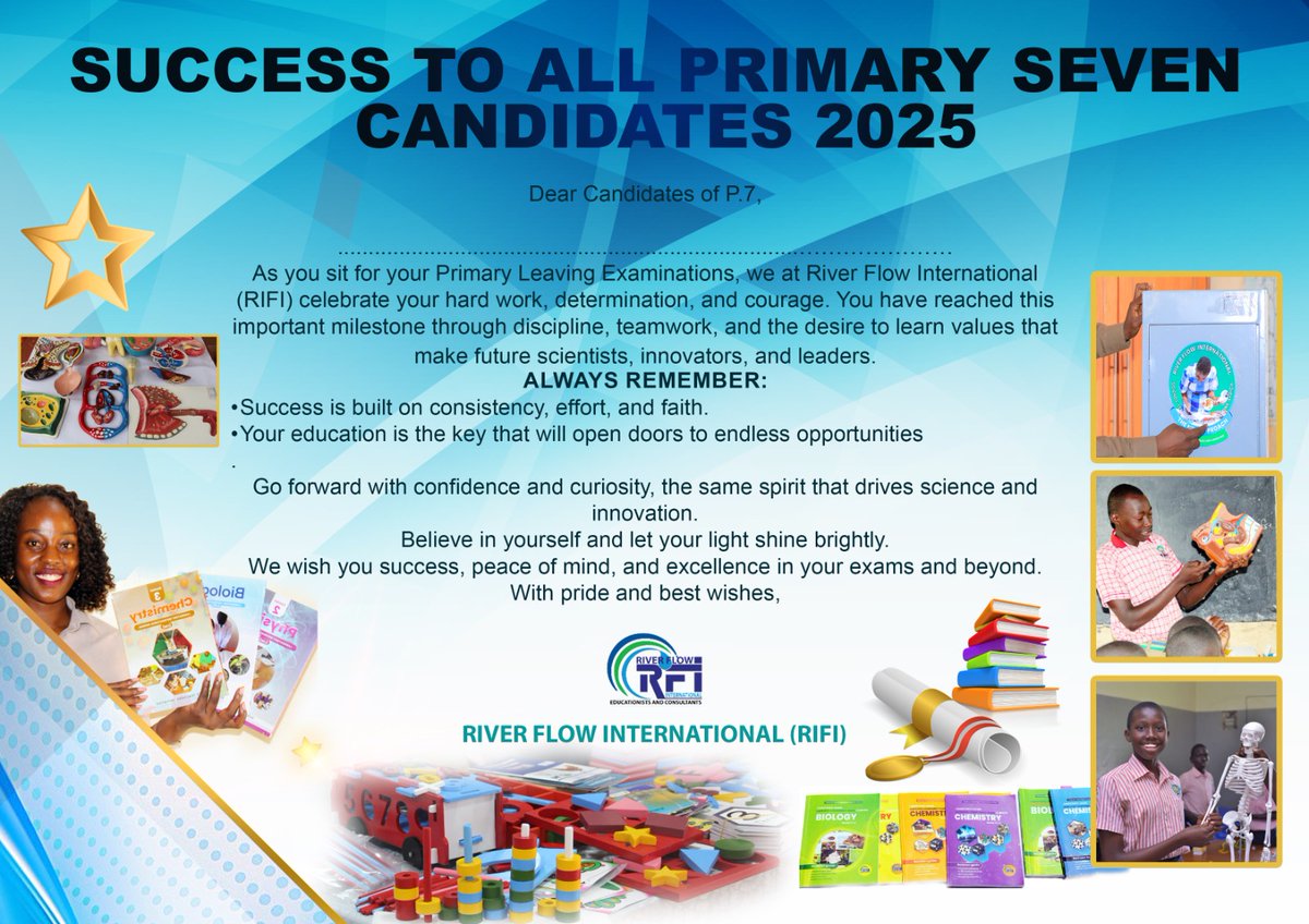 RiverFlowInt's tweet image. Dear P. 7 candidates, we wish you success in your Primary Leaving Examination. 
#UNEB 
#PLE