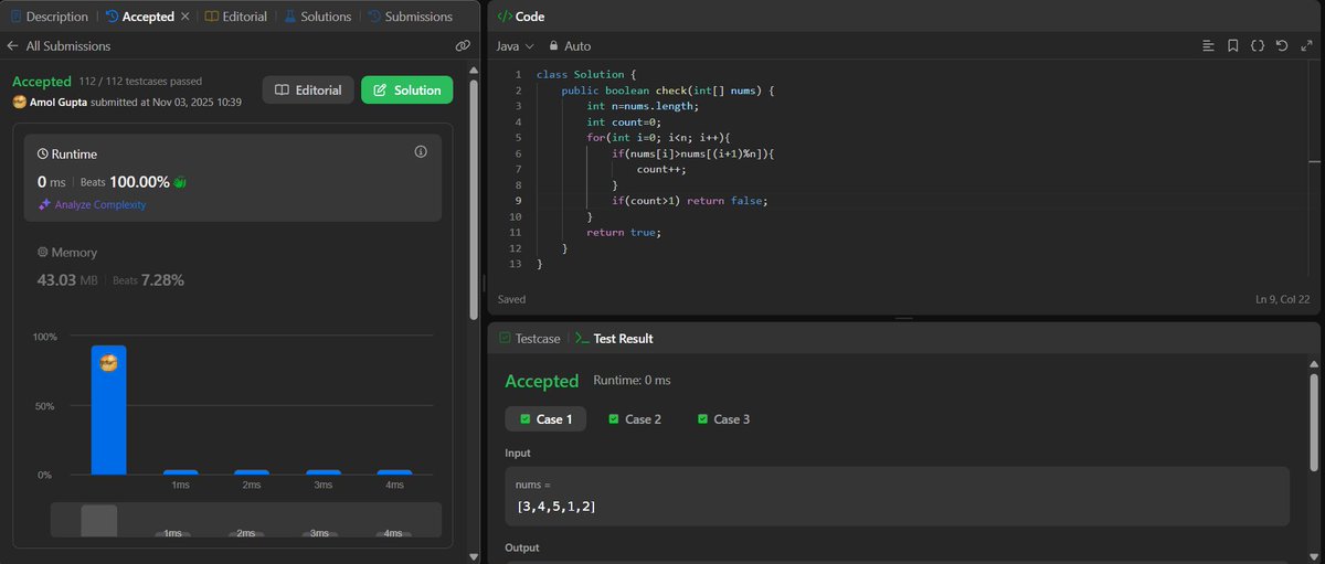 am0lgupta's tweet image. ✅ LeetCode: Check if Array is Sorted &amp;amp; Rotated
🔥 Runtime: 0 ms (beats 100%)
int count = 0;
for(int i = 0; i &amp;lt; n; i++)
    if(nums[i] &amp;gt; nums[(i+1)%n]) count++;
return count &amp;lt;= 1;
count breaks in order → if &amp;gt;1, not sorted-rotated.
#LeetCode #Java #DSA #100DaysOfCode #Coding