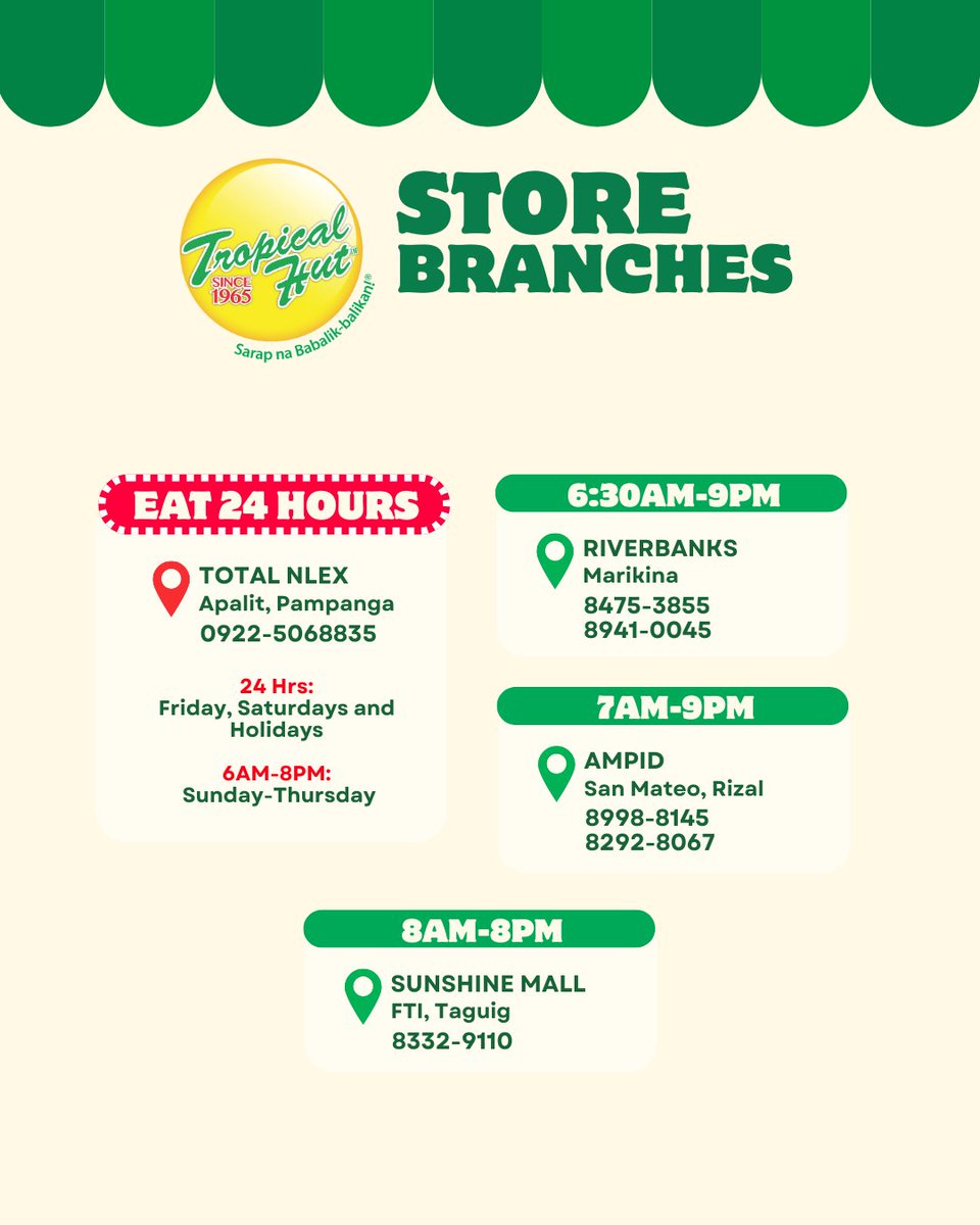 tropicalhutph_'s tweet image. Check the store hours and hotlines below to find the branch nearest you. 🍔