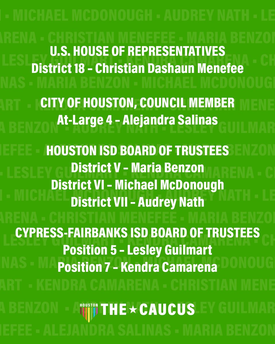 <a href="/HLGBTQCaucus/">Houston LGBTQ+ Political Caucus</a> endorses me for HISD Trustee in District V! #vote #benzon4hisd