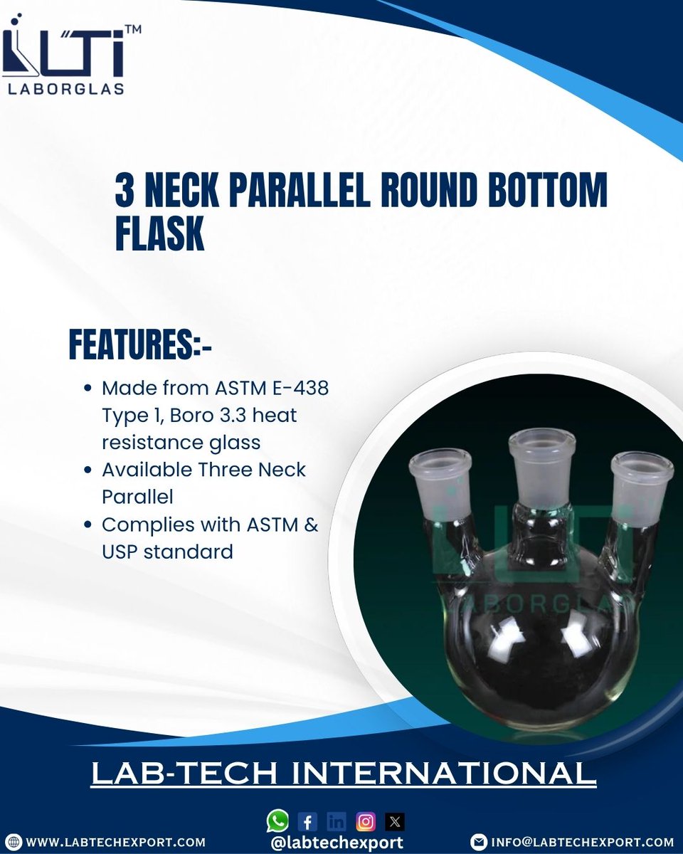 LABTECHEXPORT's tweet image. 3 Neck Parallel Round Bottom
Flask

Product Link: labtechexport.com/product/5650-f…

Regards
Lab-Tech International
Contact us-
WhatsApp- + 098020 13010
Email- info@labtechexport.com
Website- labtechexport.com

THREE NECK, PARALLEL NECK, ROUND BOTTOM FLASK, LABORATORY, LABTECH
