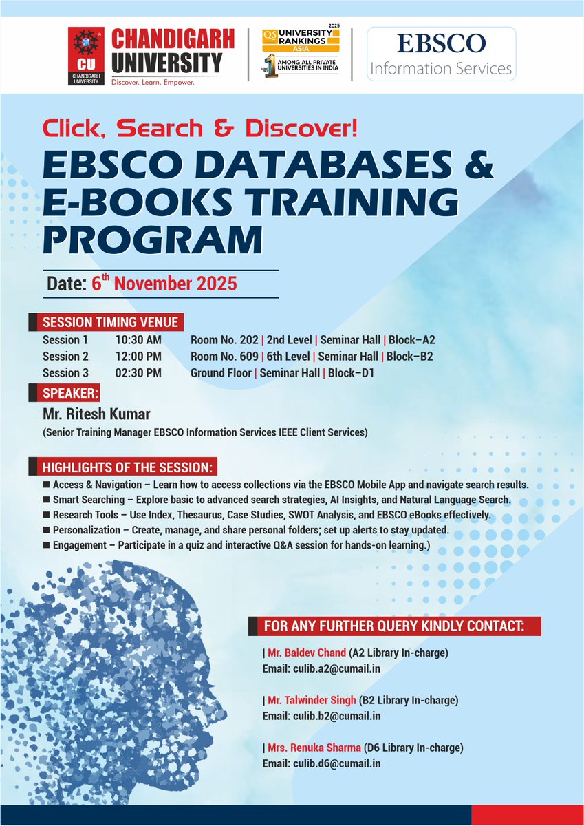 KnowledgeResou5's tweet image. 📚✨ Boost your research skills at the EBSCO Databases &amp;amp; E-Books Training Program!
Learn AI-powered search, smart research tools &amp;amp; e-book access 🔍💡
🗓️ 6 Nov 2025 | ⏰ Multiple sessions | 📍CU Seminar Halls

#EBSCO #CUKRC #CU #LibraryTraining #DigitalLearning #ResearchSkills