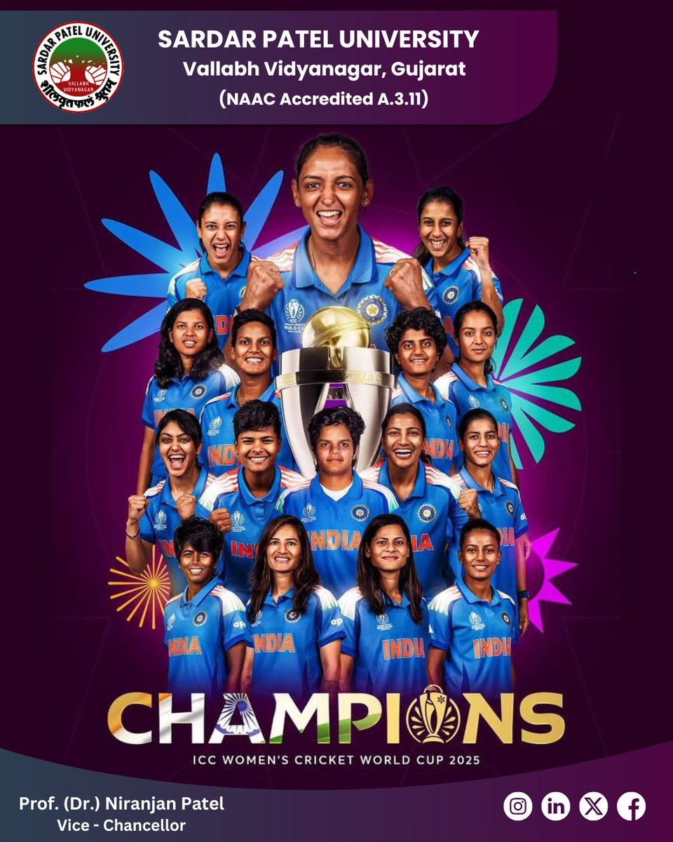 spunivgujarat's tweet image. 🏆🇮🇳 Historic Triumph for India! 🇮🇳🏆

Heartiest congratulations to Team India for winning the ICC Women’s Cricket World Cup 2025! 🙌💙

Sardar Patel University applauds this glorious achievement and salutes the spirit of women’s cricket! 

#WomenInBlue  #SPU #SPUpdate #SPU2025