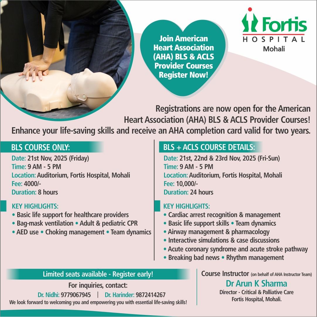 Boost your life-saving skills with AHA-certified BLS &amp; ACLS courses at Fortis Mohali. Limited seats—register now!
Call: 9779067945 / 9872414267

#FortisMohali #BLS #ACLS #LifeSavingSkills