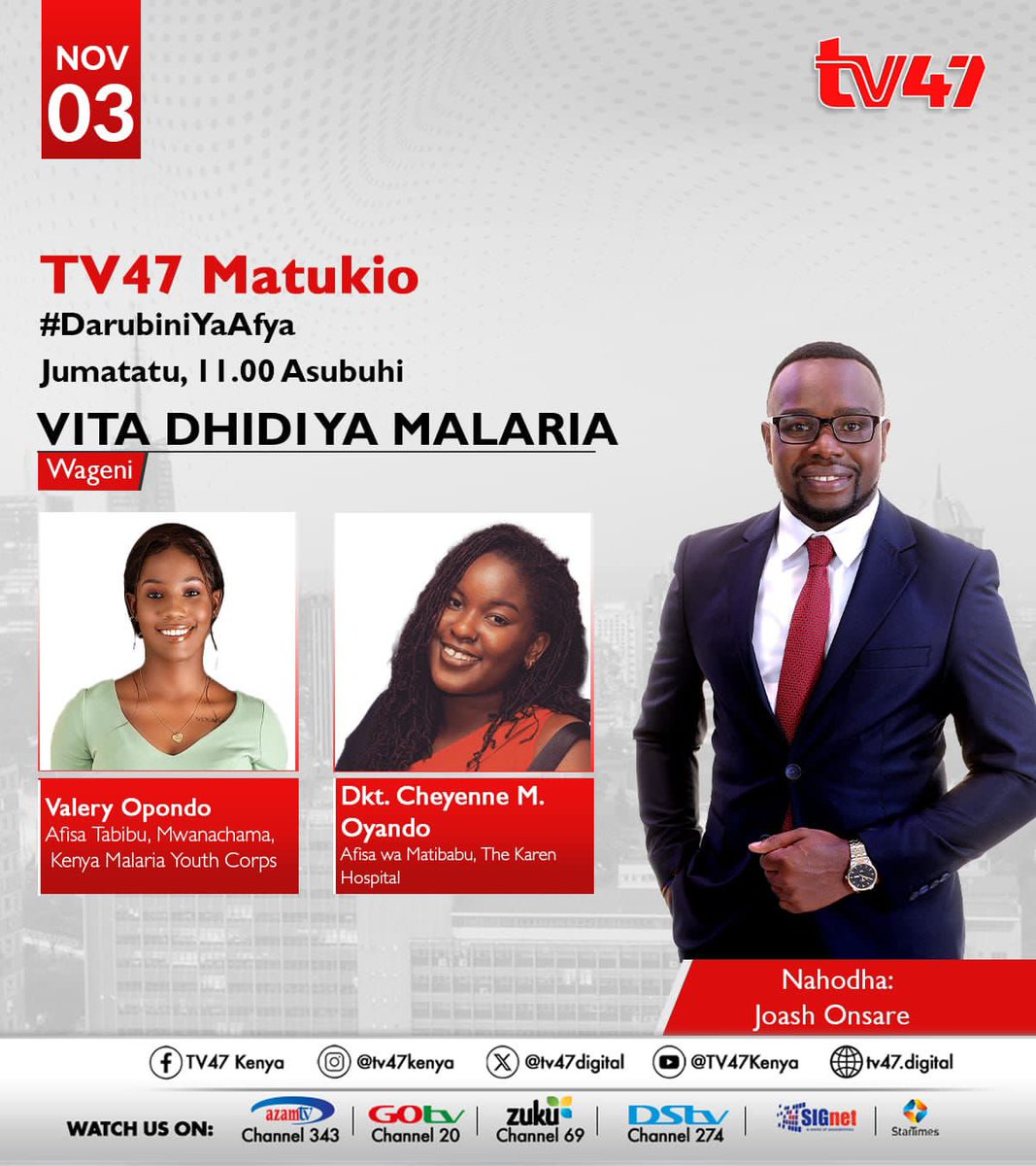 <a href="/_oposhe_/">Valery Opondo</a>, atakuwa akijadili mada muhimu “Vita Dhidi ya Malaria”, akieleza namna vijana wanavyoweza kuchukua jukumu katika kuutokomeza ugonjwa wa malaria nchini Kenya na barani Afrika.

Ungana nasi kutazama na ujifunze kuhusu uongozi wa vijana katika mapambano dhidi ya malaria.