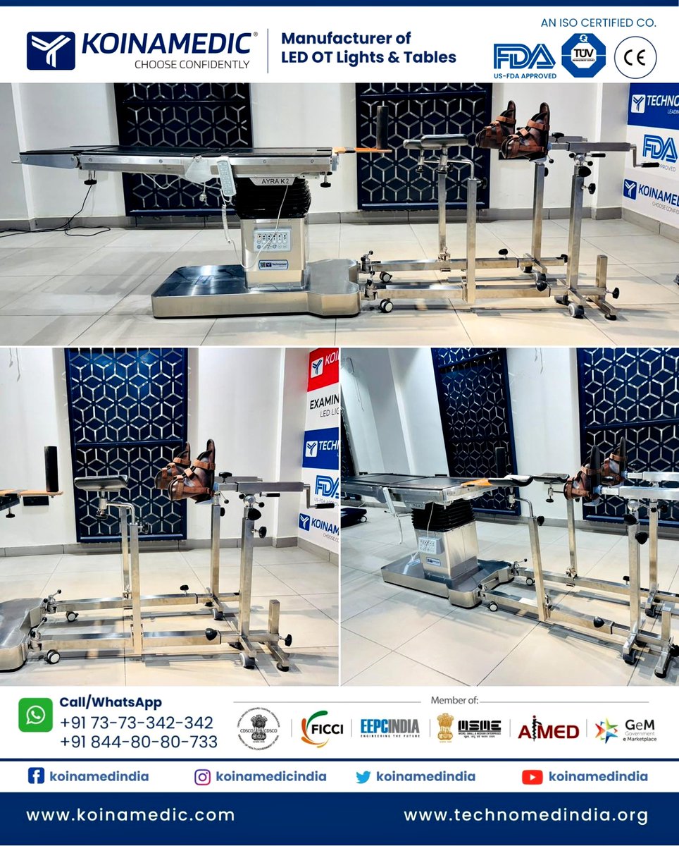 koinamedindia's tweet image. Here is the #Koinamedic AYRA K-2 #OTtable with ortho attachment. It features hand remote, nurse panel, sliding table top, and more. The T shape base design facilitates extra C-arm movement. For more details about this #surgicaltable, visit koinamedic.com.
