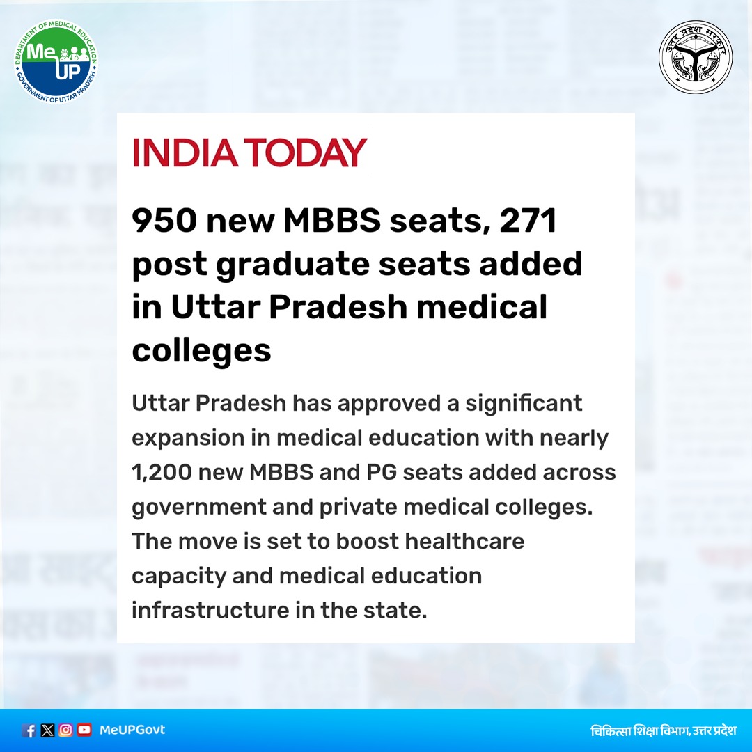 Major Expansion in Medical Education, Uttar Pradesh

In a significant move to strengthen medical education across the state, the Government of Uttar Pradesh has approved 950 new MBBS seats and 271 postgraduate seats in government and private medical colleges. 
This initiative