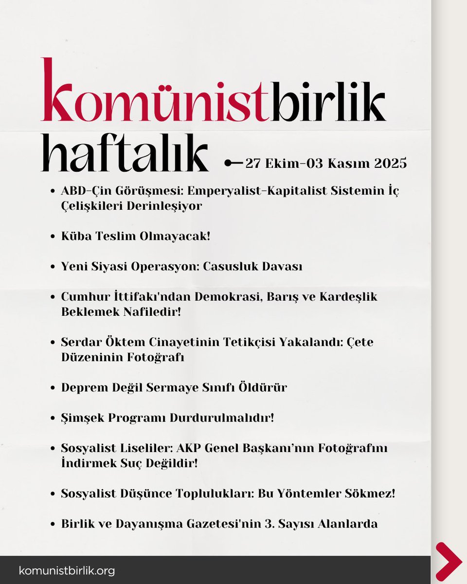 Haftanın önemli gelişmelerini değerlendirdiğimiz 'Komünist Birlik Haftalık' bülteni dördüncü sayısıyla yayında.

📌Komünist Birlik Haftalık 27 Ekim-03 Kasım 2025

🔗 Bültenin tamamına ulaşmak için:
komunistbirlik.org/2025/11/03/kom…