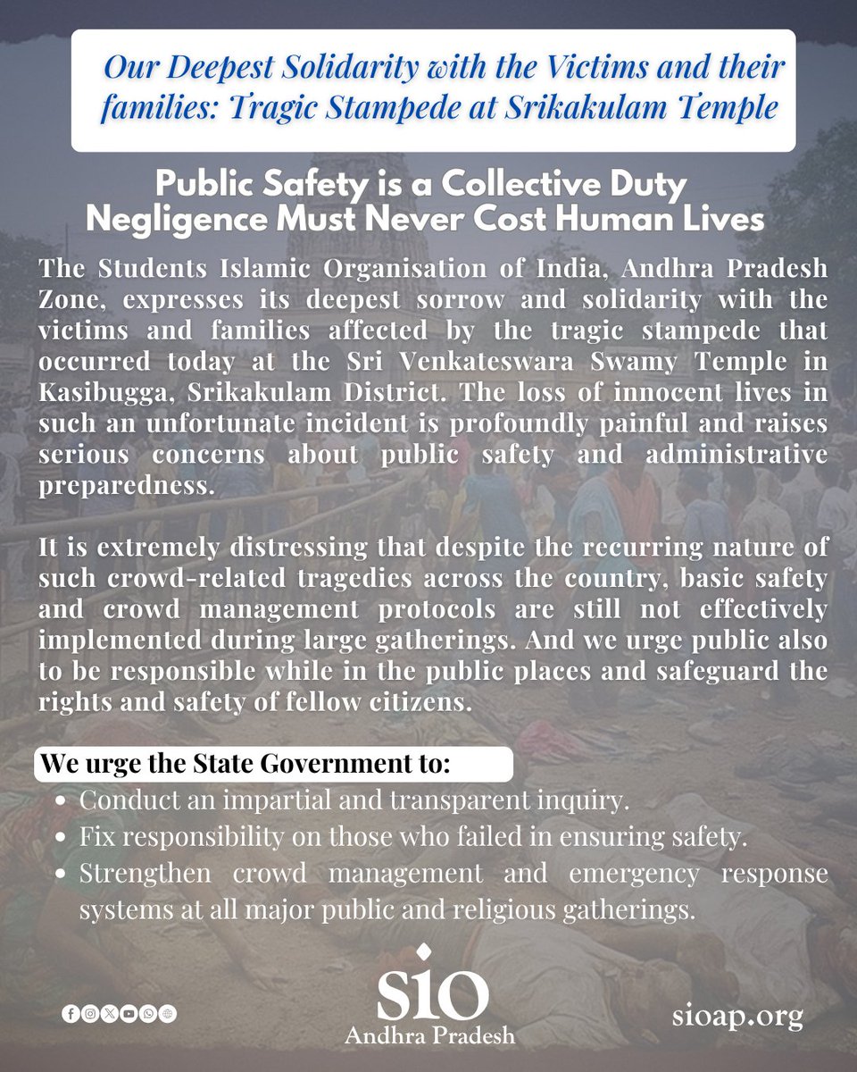 SIO_AP's tweet image. 𝐏𝐮𝐛𝐥𝐢𝐜 𝐬𝐚𝐟𝐞𝐭𝐲 𝐢𝐬 𝐚 𝐜𝐨𝐥𝐥𝐞𝐜𝐭𝐢𝐯𝐞 𝐝𝐮𝐭𝐲 — 𝐚𝐧𝐝 𝐧𝐞𝐠𝐥𝐢𝐠𝐞𝐧𝐜𝐞 𝐦𝐮𝐬𝐭 𝐧𝐞𝐯𝐞𝐫 𝐜𝐨𝐬𝐭 𝐡𝐮𝐦𝐚𝐧 𝐥𝐢𝐯𝐞𝐬.
It is extremely distressing that despite the recurring nature of such crowd-related tragedies Public Safety is always neglected.