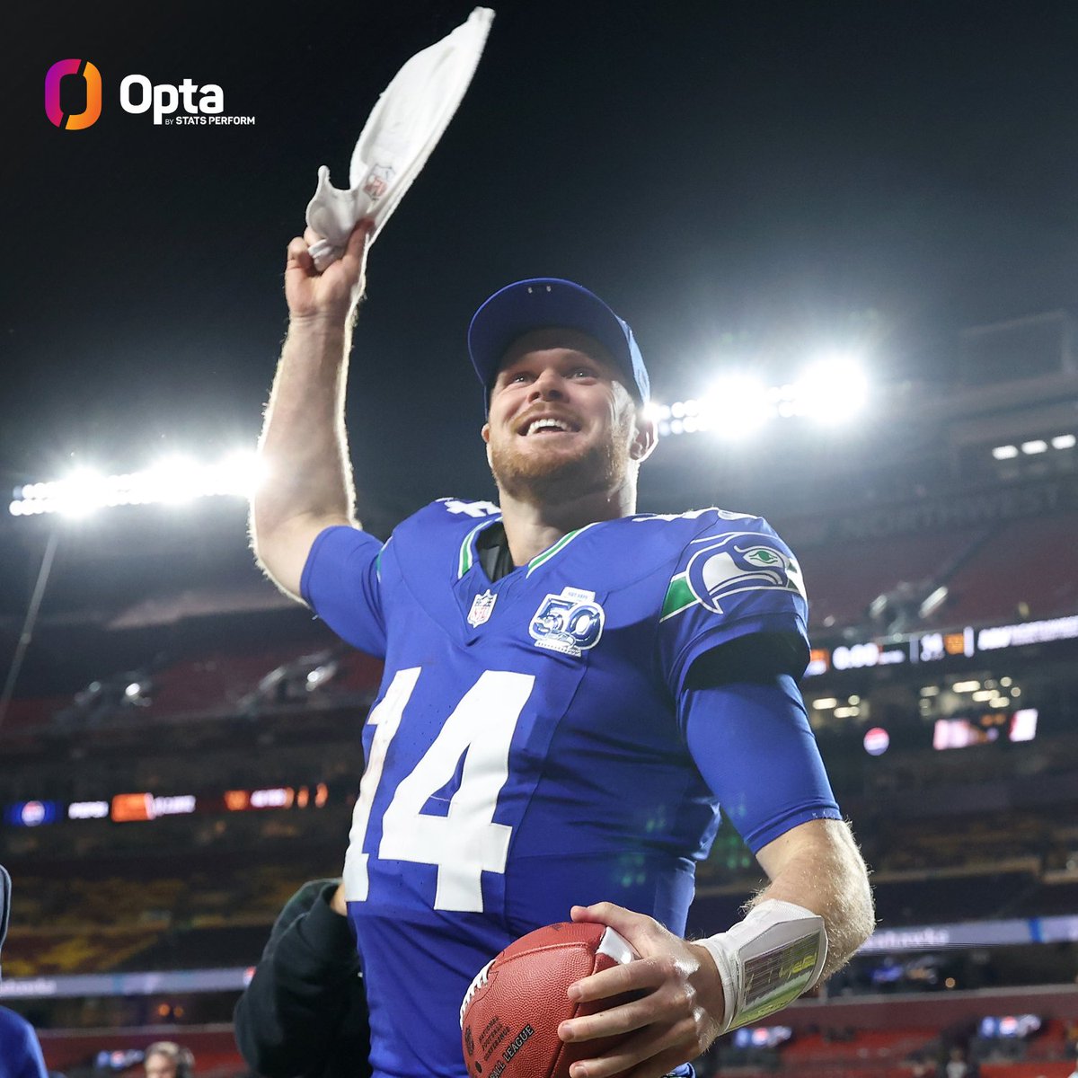 OptaSTATS's tweet image. In NFL history, 4 QBs have done the following over their team&apos;s first 8 games of a season:

completed 70% of passes
thrown for 2000+ yards
thrown for 15+ TDs
taken fewer than 10 sacks

Those QBs are Tom Brady (2007), Peyton Manning (2009), Drew Brees (2018) &amp;amp; Sam Darnold (2025).