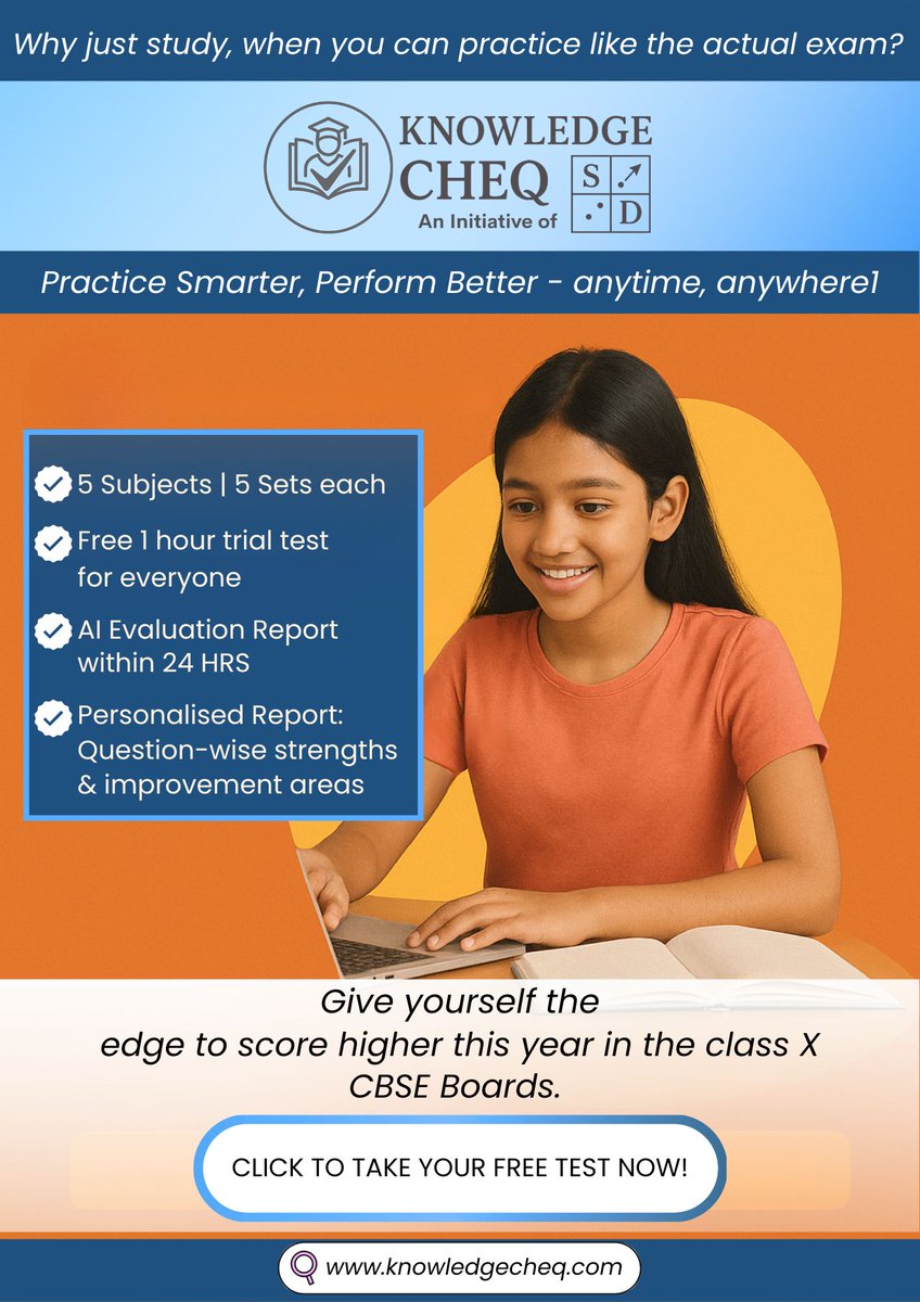 Knowledgecheq's tweet image. AI-evaluated practice. Personalised feedback. Real exam feel.
Get your detailed report within 24 hours and know exactly how to improve.
#CBSEBoards #ExamConfidence #AIForStudents #BoardExamReady #cbseclass10